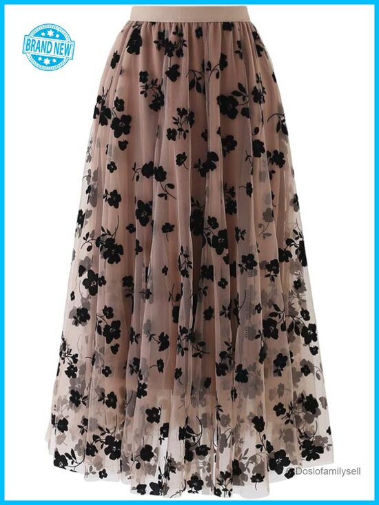 Dresses & Skirts - 3D Posy Double-Layered Mesh Midi Skirt - Romantic Floral High Rise A-Line